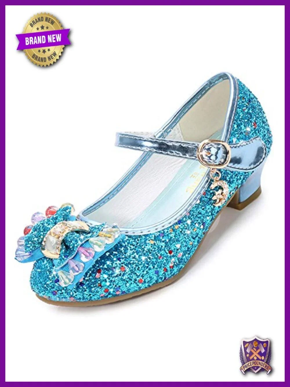 Kids Princess Mary Jane Heel Dress Shoes with Glitter Hook & Loop